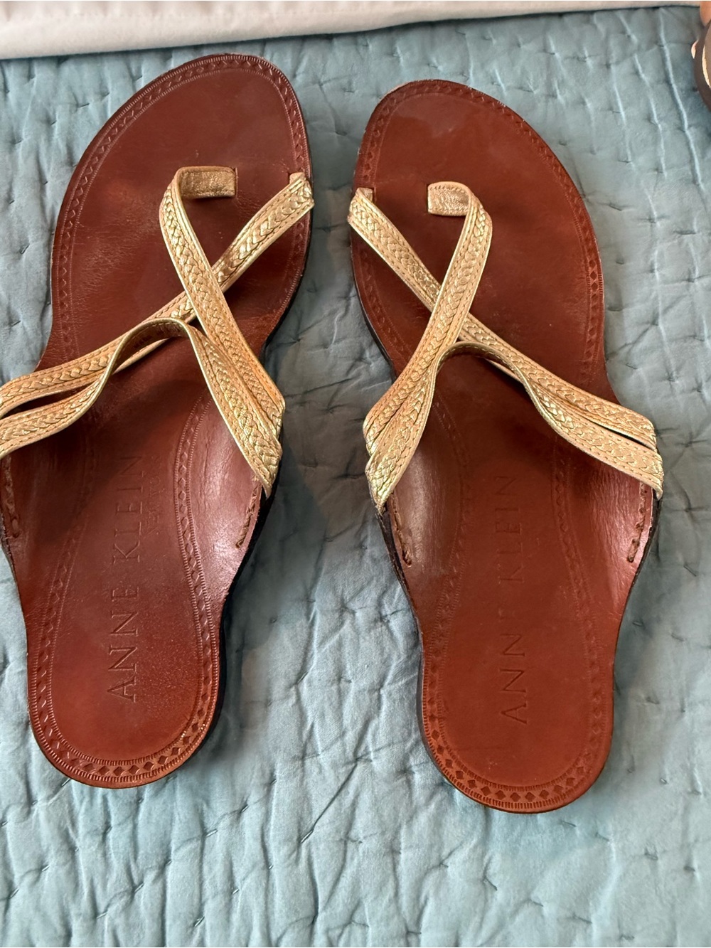 Anne Klein Metallic Gold Braided-Strap Brown Footbed Sandals
